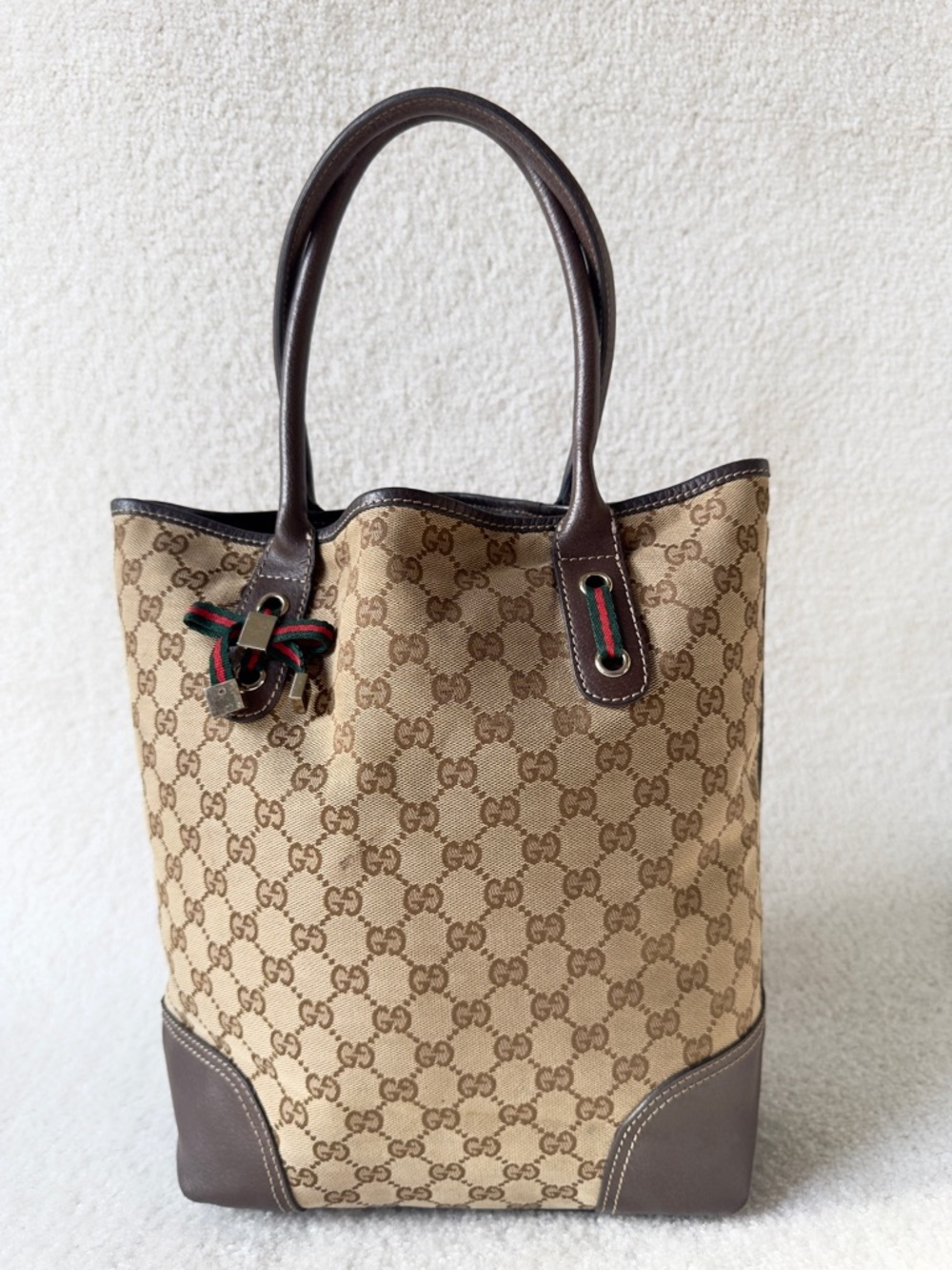 Gucci Beige GG Canvas Tote with Brown Leather Handles and Web Stripe Detail